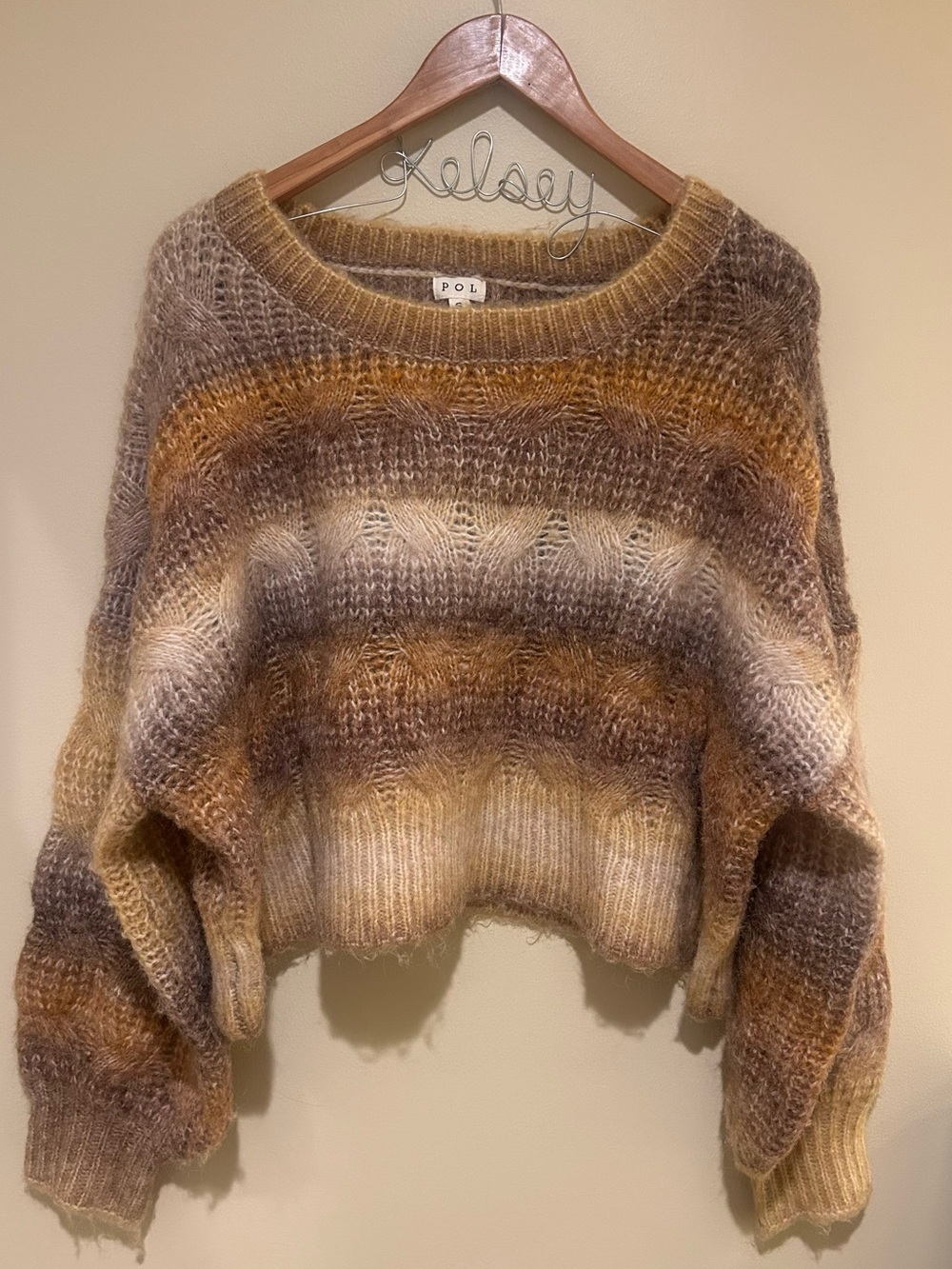 POL Cropped Oversized Striped Sweater in Brown, Cream and Gold Tones Size Small